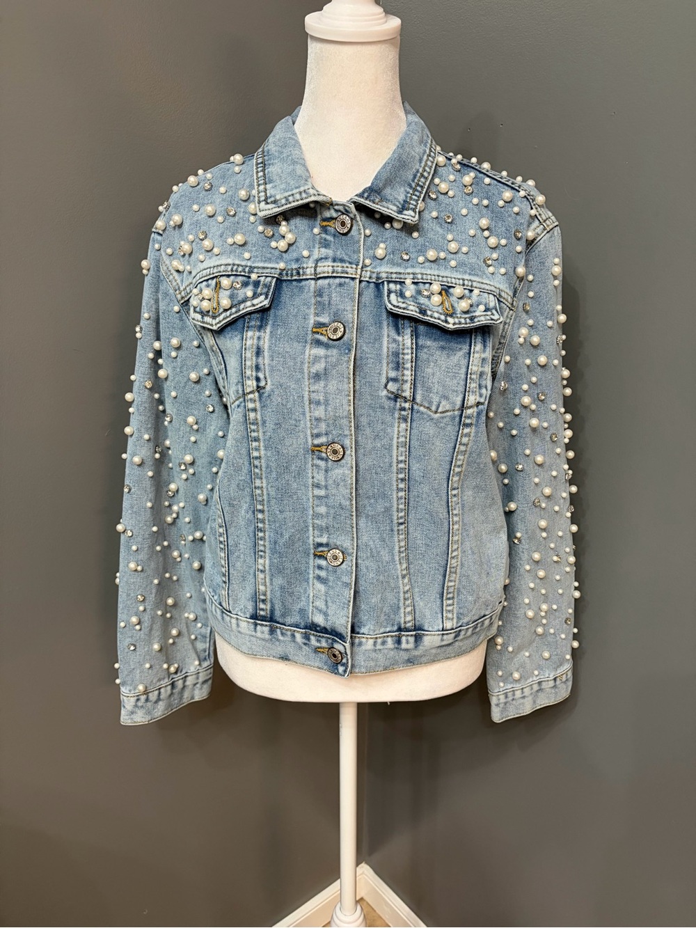Pearl Embellished Denim Jean Jacket Rhinestone Beaded Glam Light Wash Bride XS